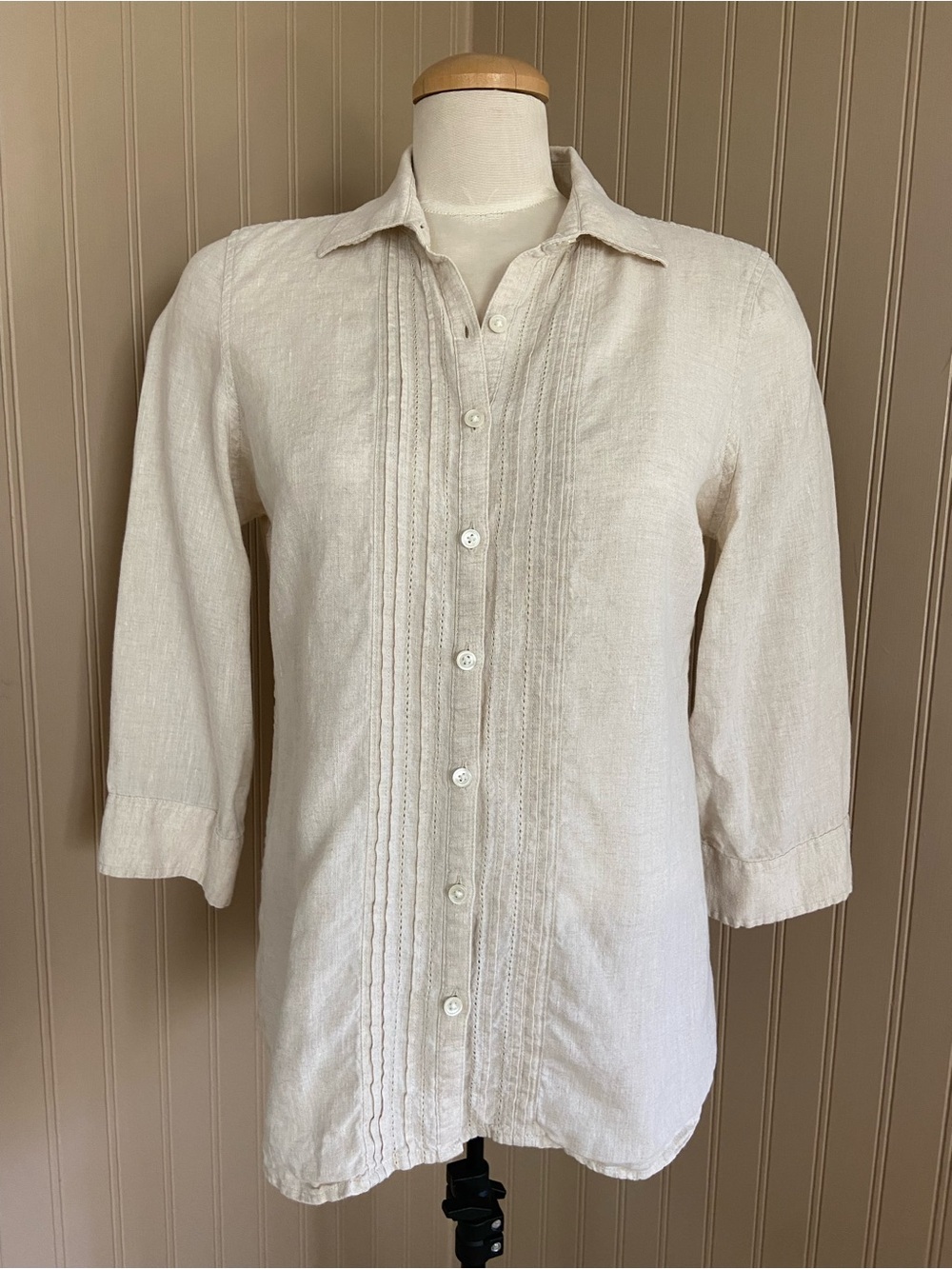 Land’s End 100% Linen Cream Button Down 3/4 Sleeve Classic Shirt Women’s 6-8
